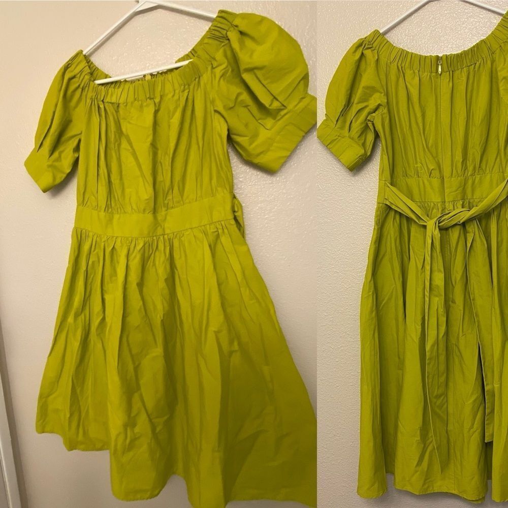 New York & Company Lime Green Puff Sleeve Midi Dress with Waist Tie